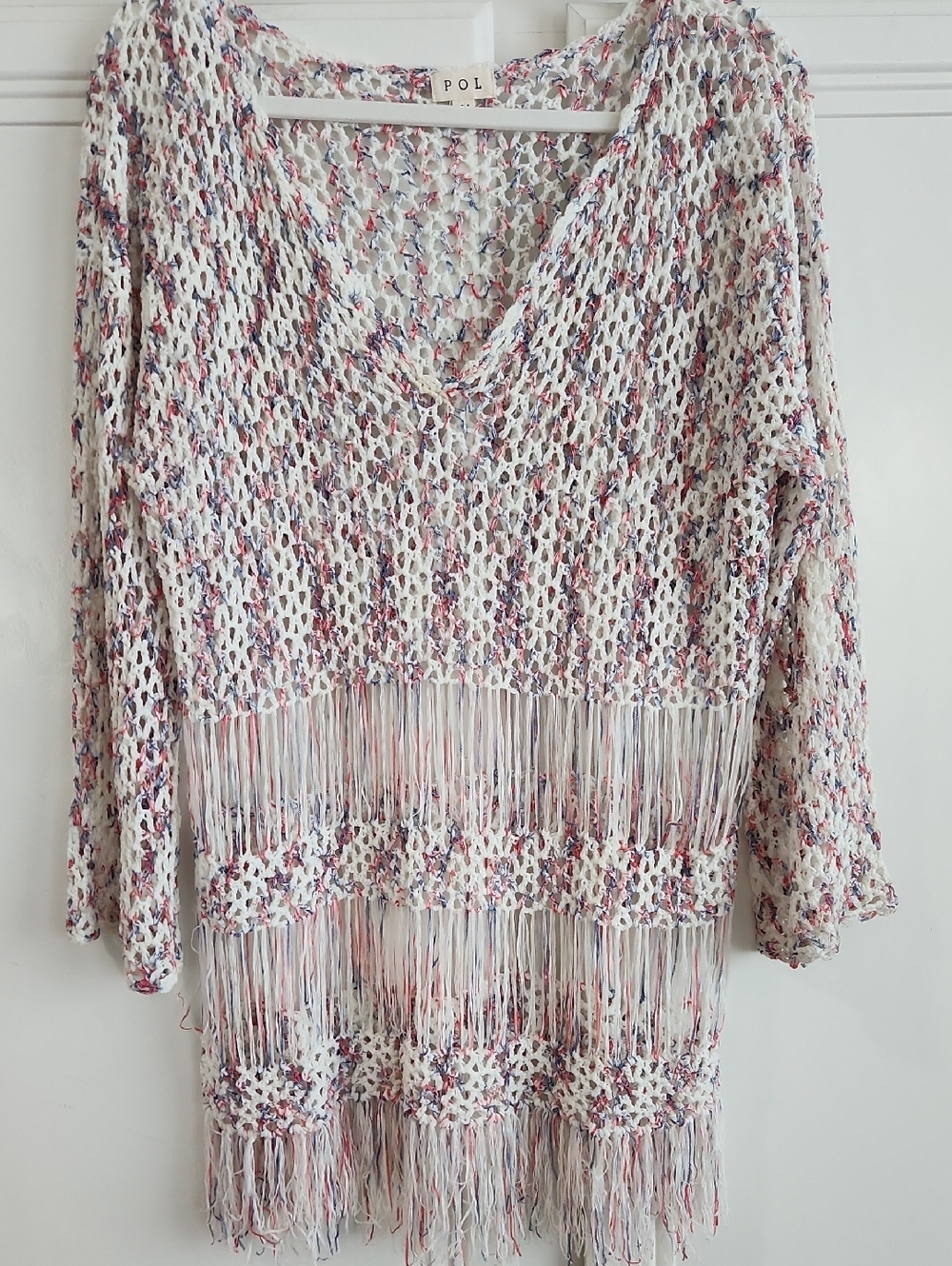 POL Multicolor Crochet Fringe V-Neck Sweater